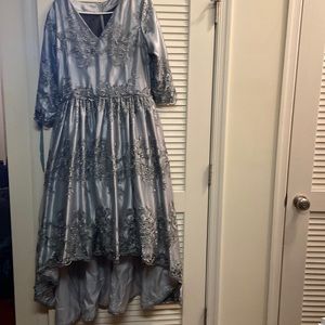 Hi and low gown, custom made, pearls and flowers sheer overlay, size 14/16